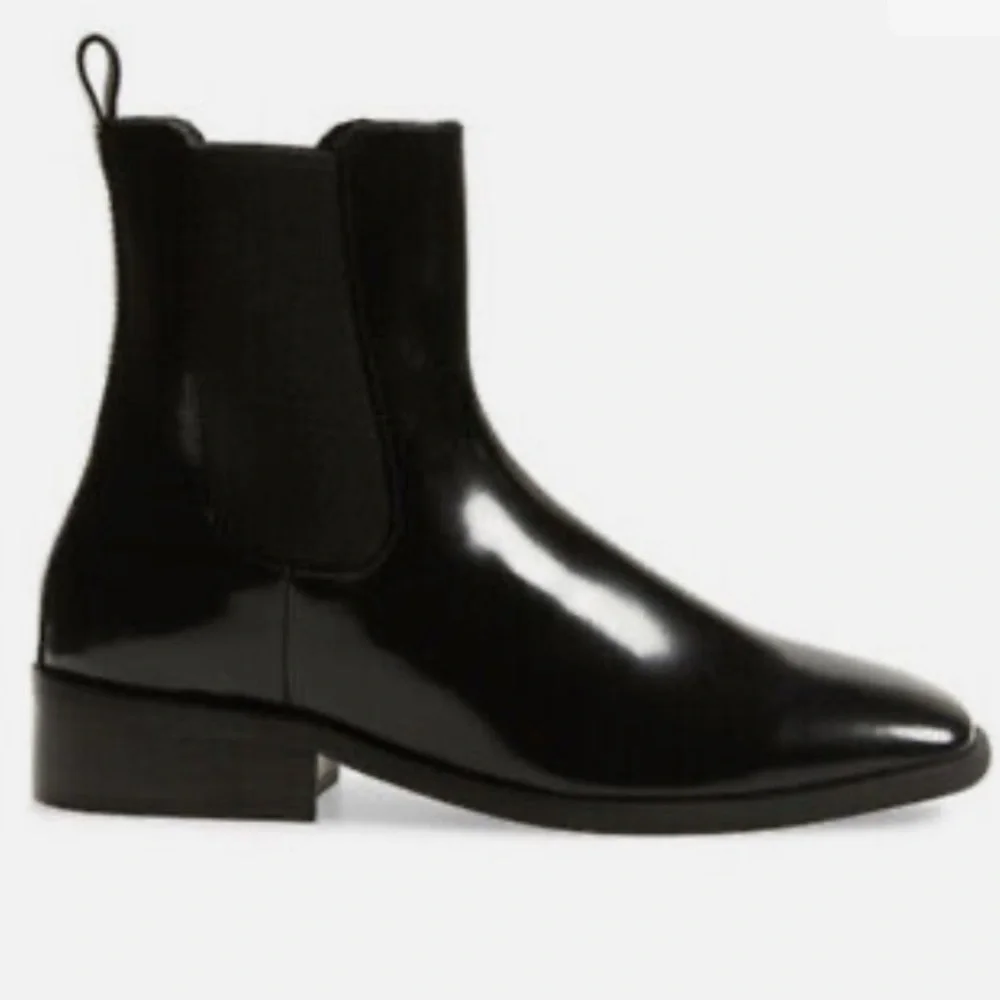 Jeffrey Campbell Emrys Black Patent Leather Square Toe Chelsea Boots Sz7 NWOB - Picture 3 of 16